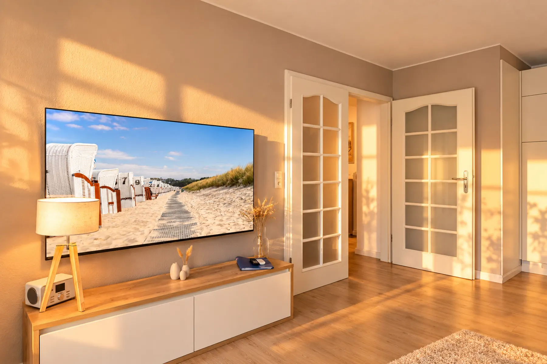Wandmontierter Fernseher über der weißen Medienkommode im Wohnbereich