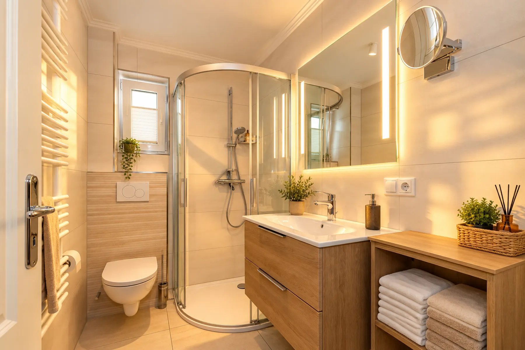 Badezimmer mit Dusche, Waschtisch und beleuchtetem Spiegel