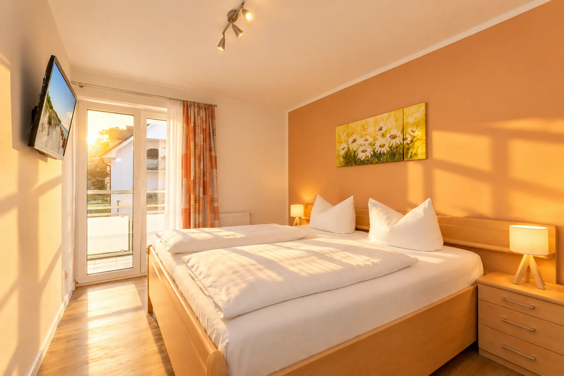 Schlafzimmer mit Doppelbett, Fernseher und Blick zum Balkon