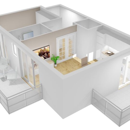 Einer von zwei großen Balkonen der Ferienwohnung Helene im Ostseebad Baabe auf der Insel Rügen an der Ostsee nahe Binz - 3D-Ansicht